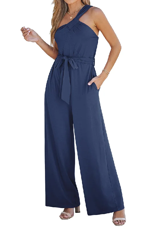 women's pear-shaped body dressesDark Blue Comfy Sleeveless Belted Jumpsuits & Long Rompers for Women