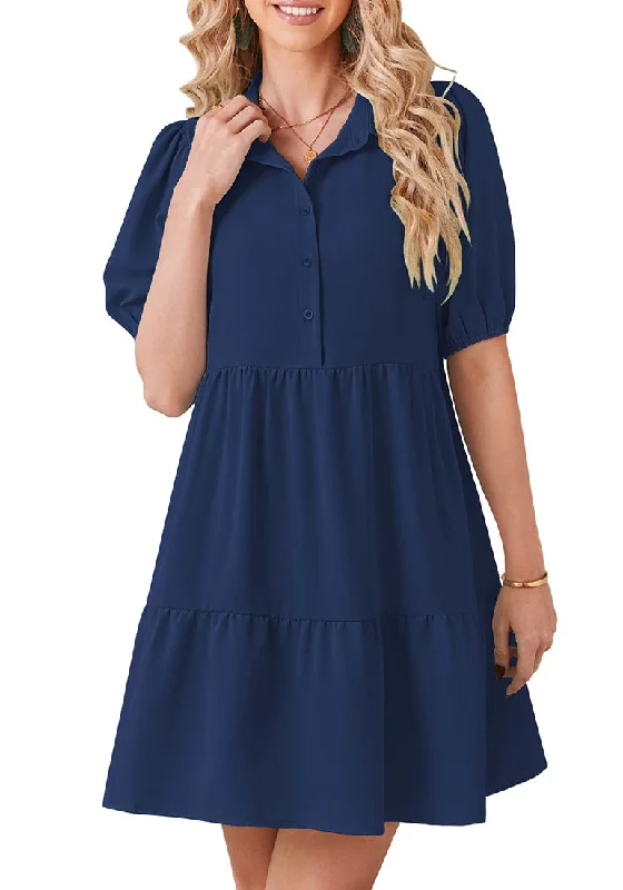 women's mother of the bride dressesDark Blue Flowy Dresses for Women Babydoll Shirt Dress Business Casual Work Modest Puff Sleeve Short Dress