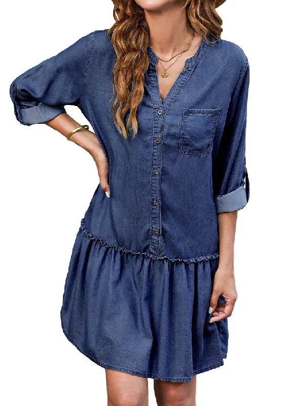 Body-Hugging DressDarkness Blue Women's Brief Loose Denim Button Down Dress with Pockets