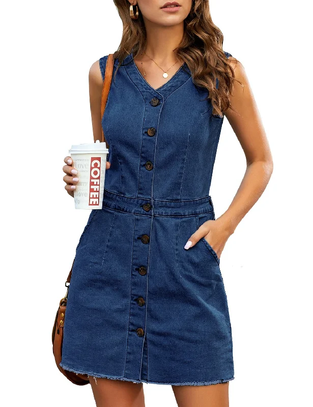 Casual DressWomen Sleeveless V Neck Button Down Frayed Hem Short Denim Dress