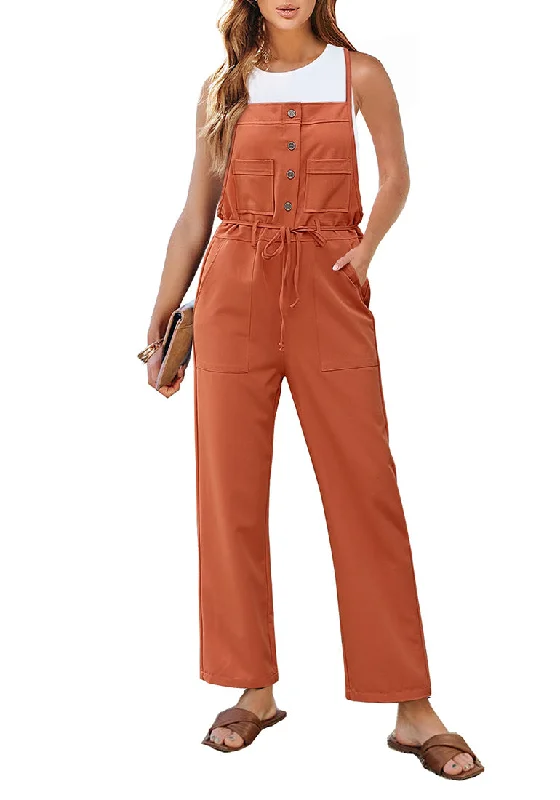 Tea-Length DressFlamingo Orange Women's Button Down Pocket Straight Leg Vintage Casual Overalls