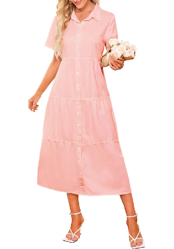 Crepe DressGossamer Pink Women's Button Down Casual Babydoll Vacation Denim Long Dresses