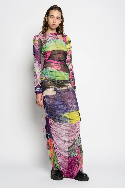 women's high-low dressesGRAFFITI PRINT LONG GATHERED MESH DRESS