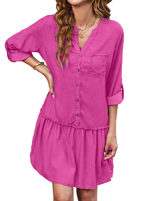 Wrap DressHot Pink Women's Brief Loose Denim Button Down Dress with Pockets