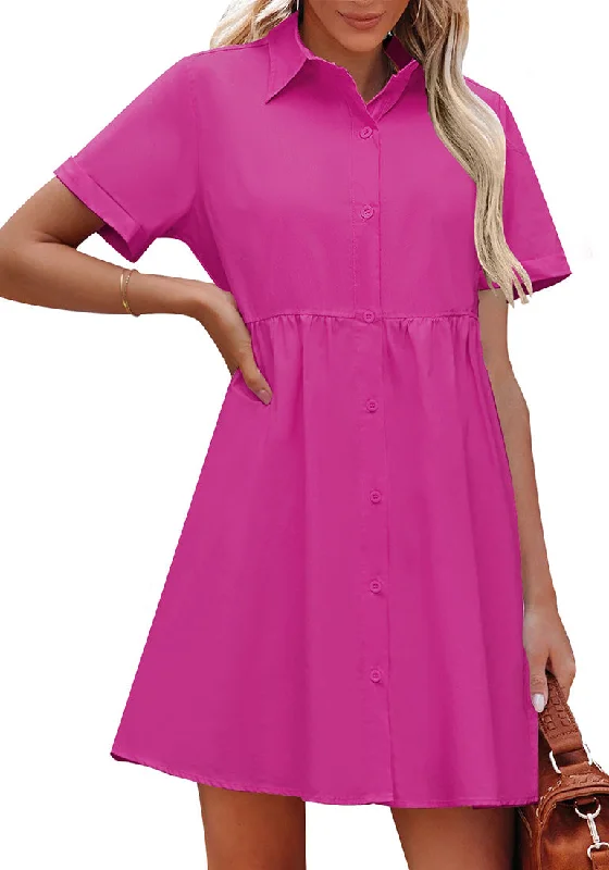 Silk DressHot Pink Women's Short Sleeve Button Down Babydoll Dress A-Line Tunic Dress