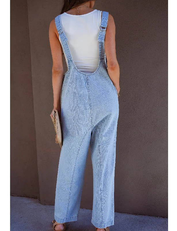 women's business casual dressesIce Blue Women's Casual Denim Low Scoop Neckline Jumpsuits With Adjustable Shoulder Pocket Cropped Overalls