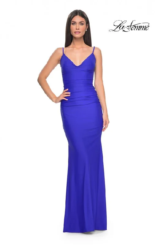 Long-Sleeve DressLa Femme 32153 Illusion Back With Boning | Royal Blue