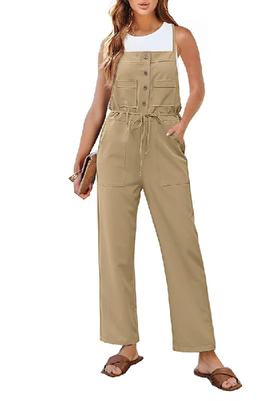 women's business casual dressesKhaki Women's Button Down Pocket Straight Leg Vintage Casual Overalls