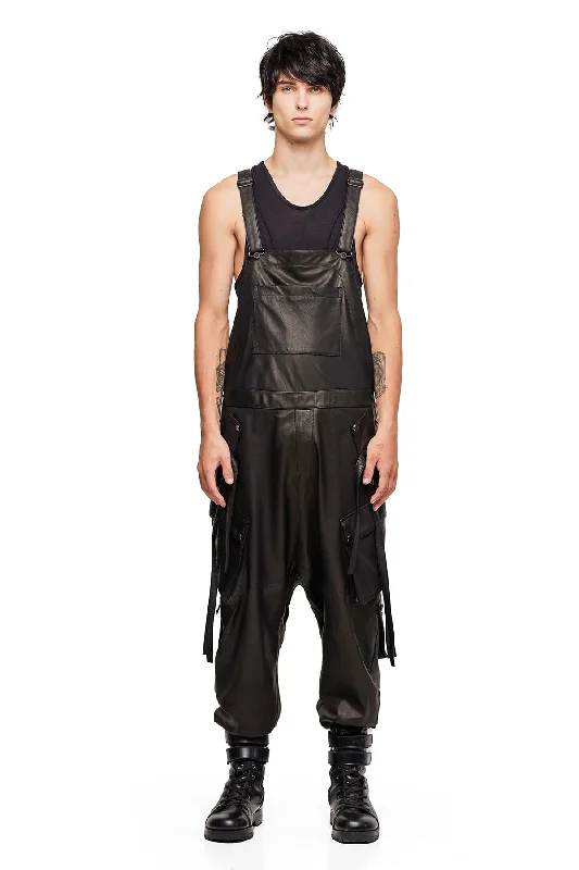 women's sleeveless dressesLEATHER OVERALLS IN BLACK