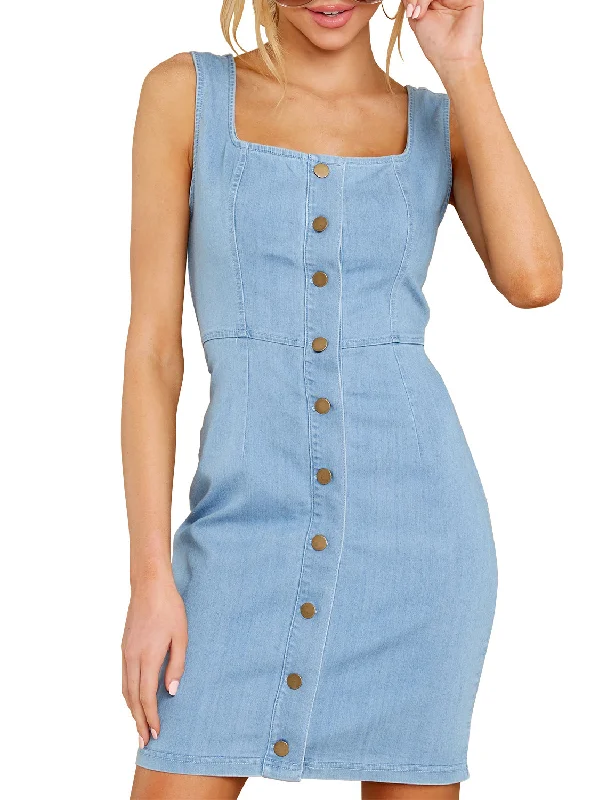 women's sleeveless dressesWomen Sleeveless V Neck Button Down Frayed Hem Short Denim Dress