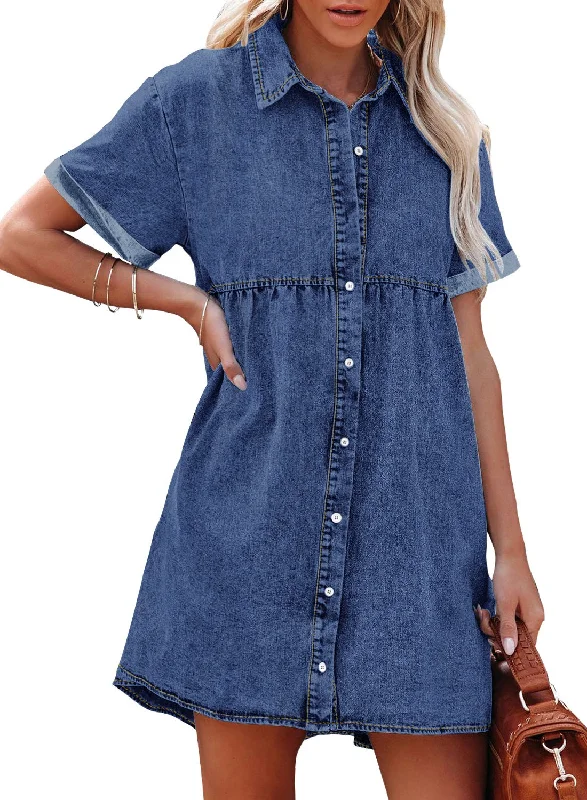 women's bell-sleeved dressesWomen's Short Sleeve Button Down Flowy Tiered Babydoll Denim Dress