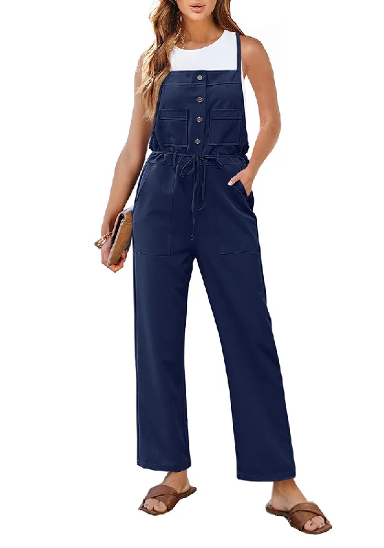 Retro DressNavy Blue Women's Button Down Pocket Straight Leg Vintage Casual Overalls