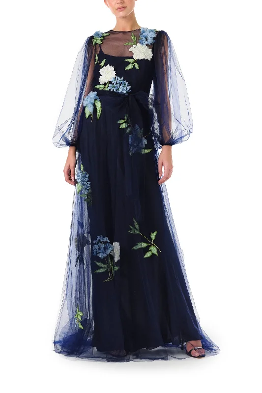 women's custom dressesPuffed Sleeve Embroidered Tulle Gown