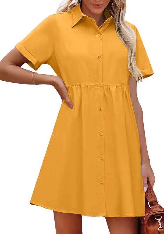 women's checkered dressesRadiant Yellow Women's Short Sleeve Button Down Babydoll Dress A-Line Tunic Dress