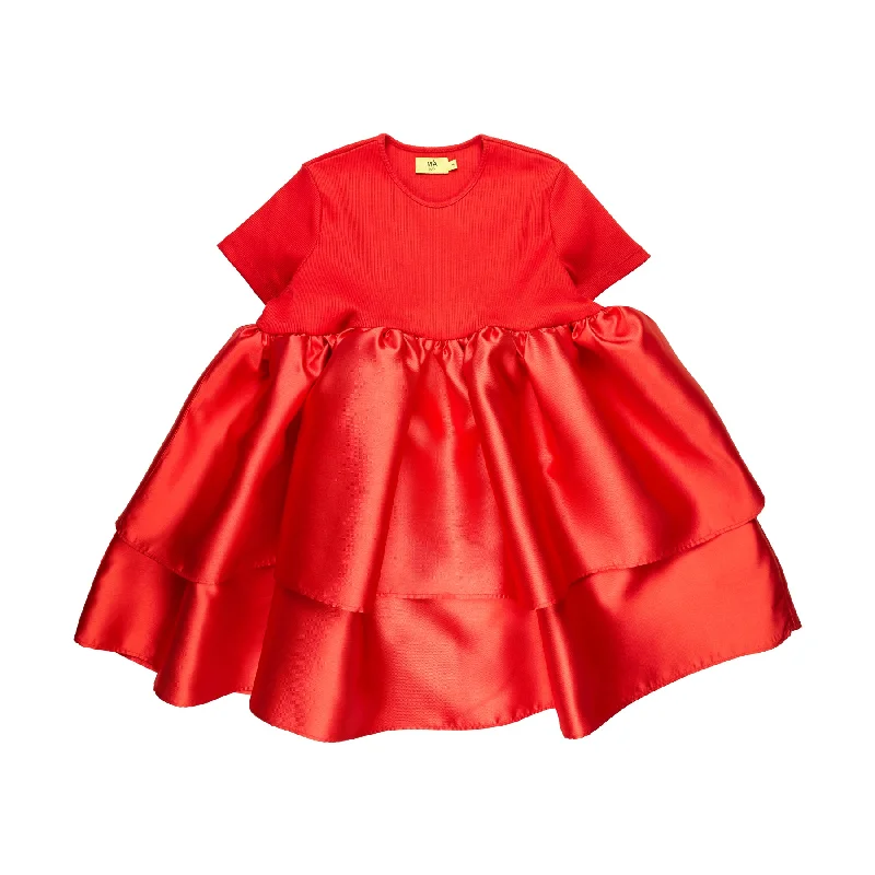 women's high-low dressesRED DRESS WITH RIB TOP AND MIKADO DOUBLE LAYERED BOTTOM