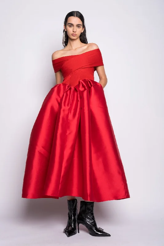 Lace DressRED OFF SHOULDER FULL SKIRT DRESS