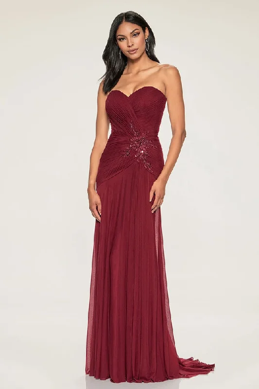 women's wrinkle-resistant dressesCameron Blake CB202 Strapless Mesh w/ Lace Applique | Wine, Papaya