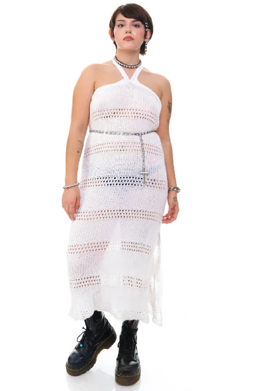 women's eco-friendly dressesVintage Y2K White Crochet Knit Halter Dress - M/L