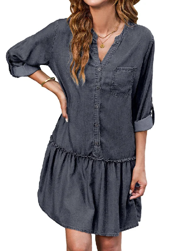 women's stylish dressesWashed Black Women's Brief Loose Denim Button Down Dress with Pockets