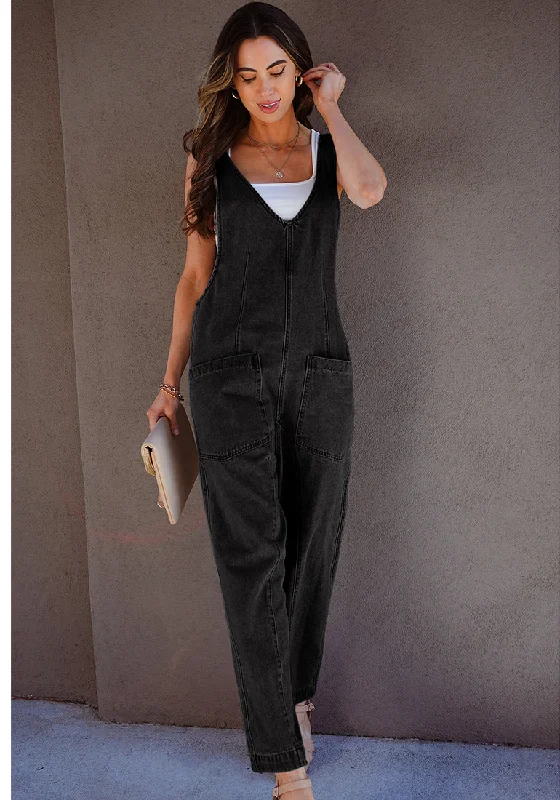 women's prom dressesWashed Black Women's Casual Denim Low Scoop Neckline Jumpsuits With Adjustable Shoulder Pocket Cropped Overalls