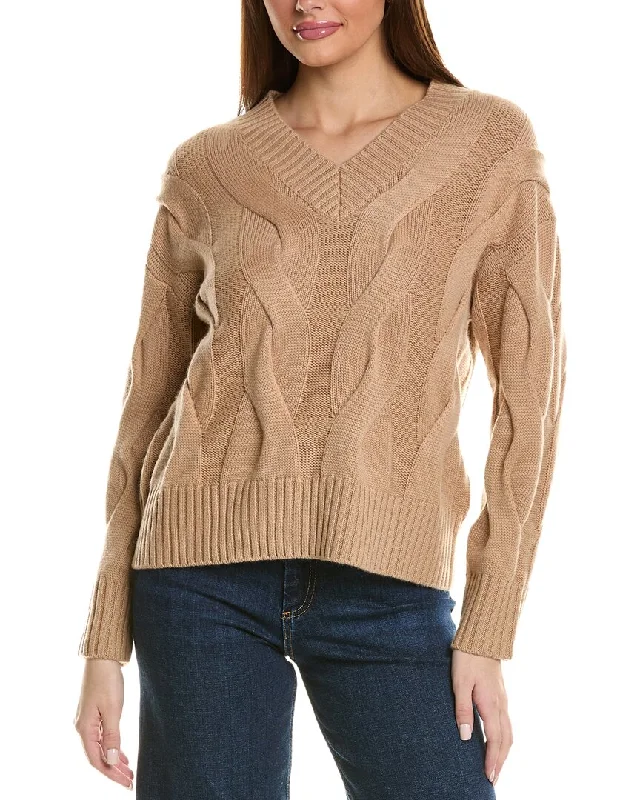 Retro Crewneck SweatersHannah Rose Wide Cable V-Neck Wool & Cashmere-Blend Sweater