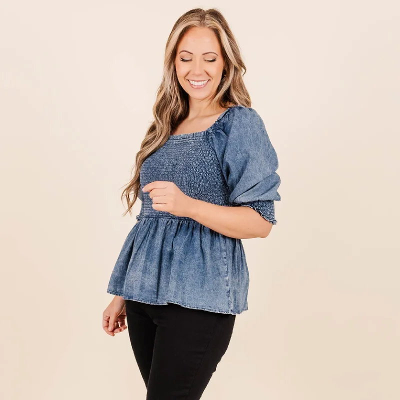 long-sleeved women's topsPuff Sleeved Baby Top, Denim