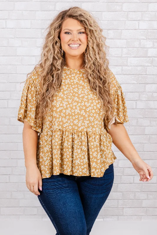 chic women's tops for everyday wearSee The Flowers Top, Mustard